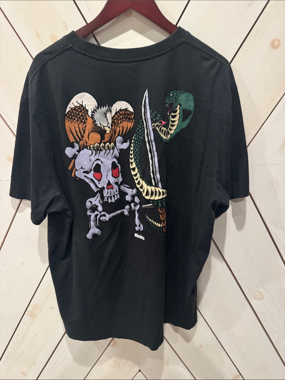 All Saints Black Shirt Size XL Black Graphic Skull & Snake Short-Sleeve Tee AS